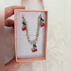 Lovely Silver Cherry Charms Rhinestone Tennis Bracelet w/ Adjustable Chain